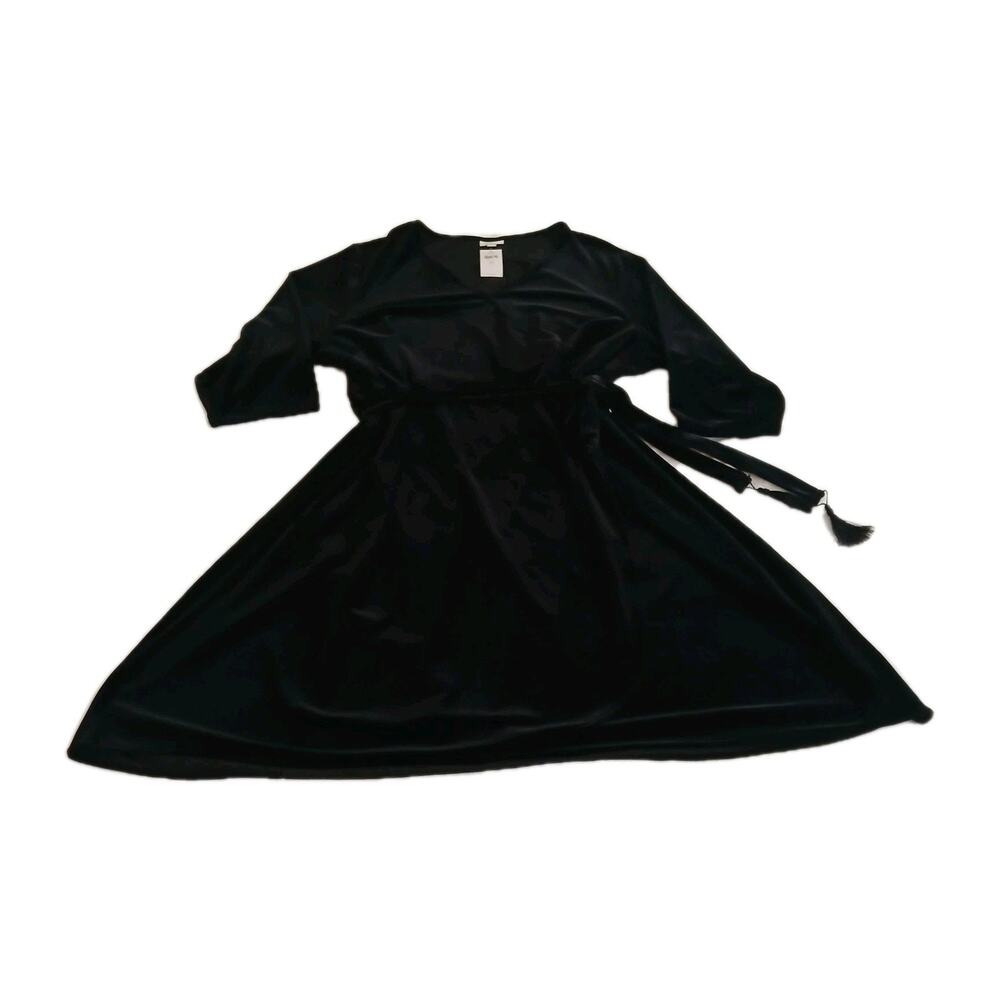 J. Jill Women’s 4X Velvet Wrap Dress Black Midi Tassel Tie Waist